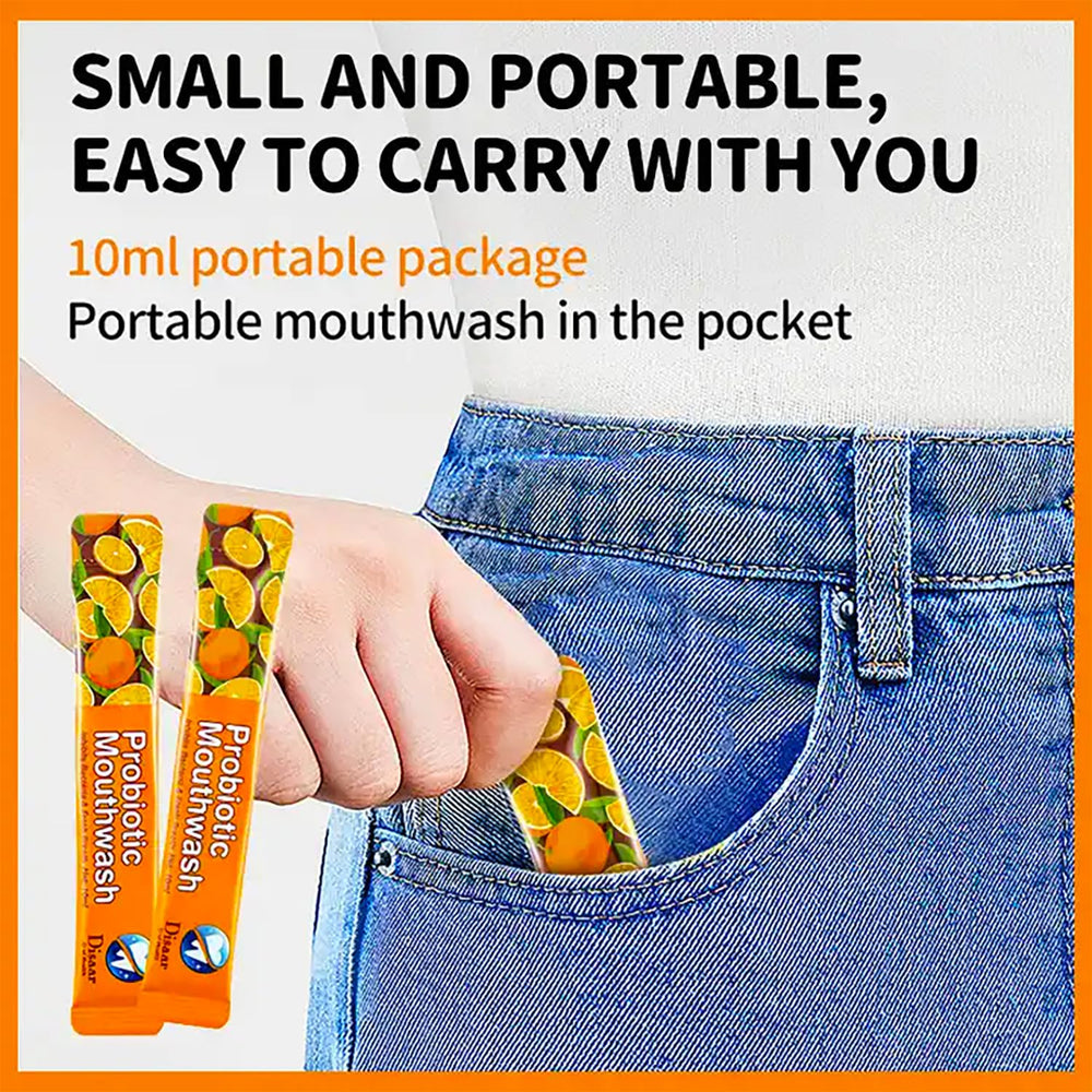 Mouthwash sachets and bottle showcasing stain removal claim