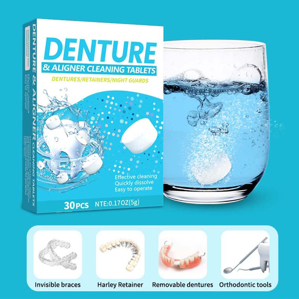 Dissolving tablet action in water for dental appliance cleaning