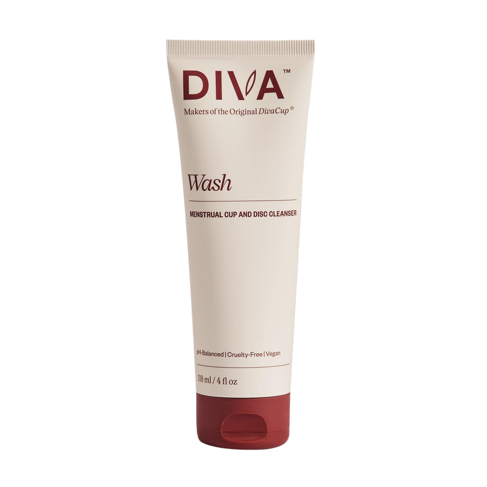 DIVA Wash bottle front label highlighting plant-based cup cleanser for gentle care.