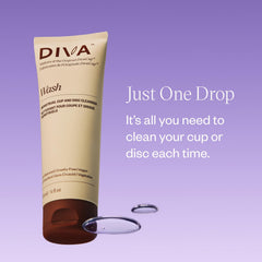 DIVA Wash lather application image emphasizes small amount cleanses a cup effectively.