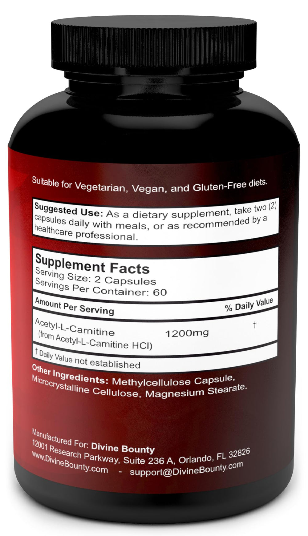 Two capsules per serving providing 1200mg Acetyl L-Carnitine