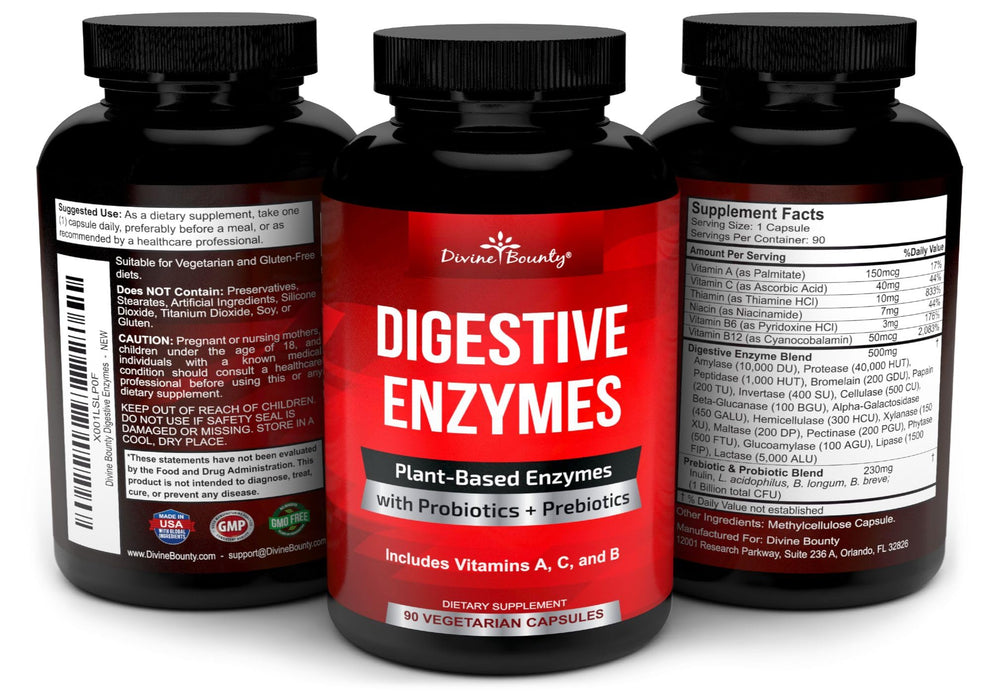 Divine Bounty Digestive Enzymes packaging and bottle on white background