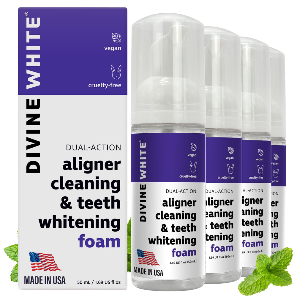 Divine White 2-in-1 Aligner Cleaning Foam bottle with mint packaging