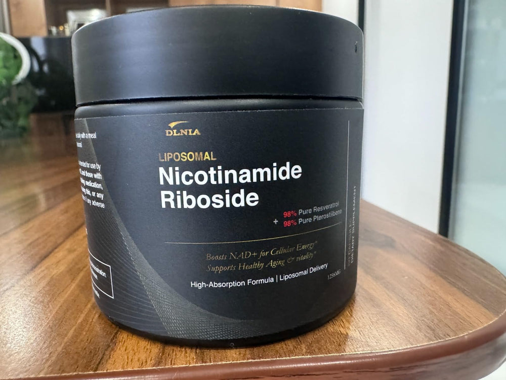 DLNIA Liposomal NAD+ Supplement bottle with NR, Resveratrol, and CoQ10