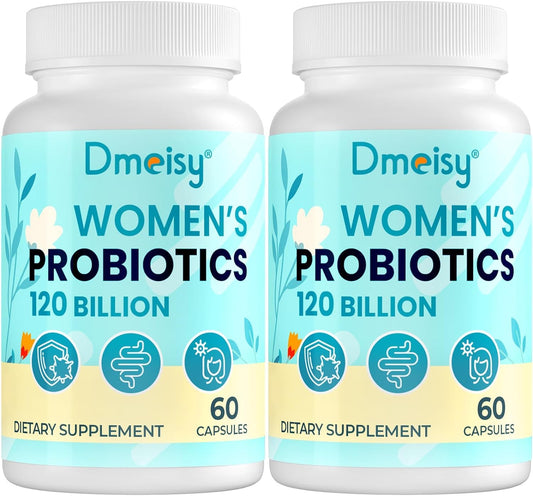Dmeisy 120 Billion CFU probiotic bottle shows gut health support.