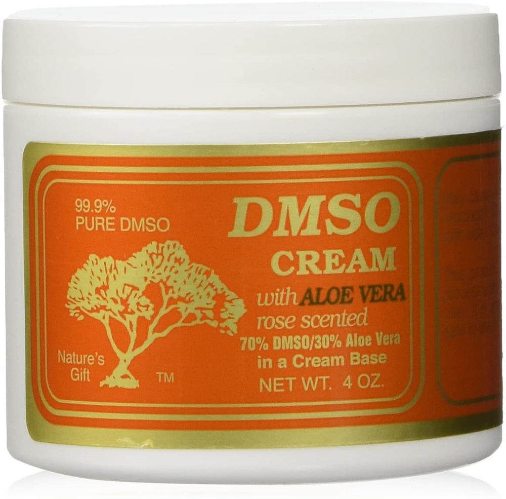 DMSO Cream Rose Aloe 70/30 4oz bottle with rose petals for soothing hydration.
