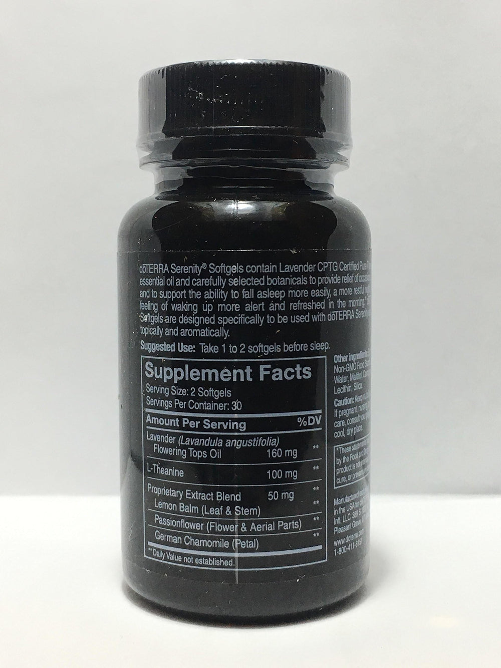 Close-up of doTERRA Serenity Softgels label