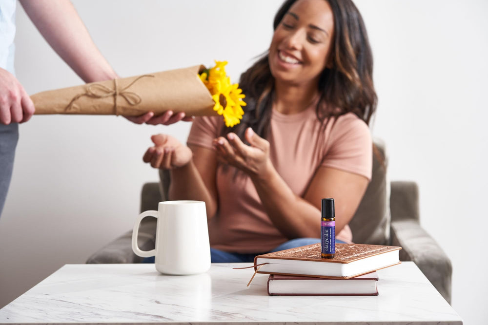 Close-up of Clary Calm essential oil blend bottle