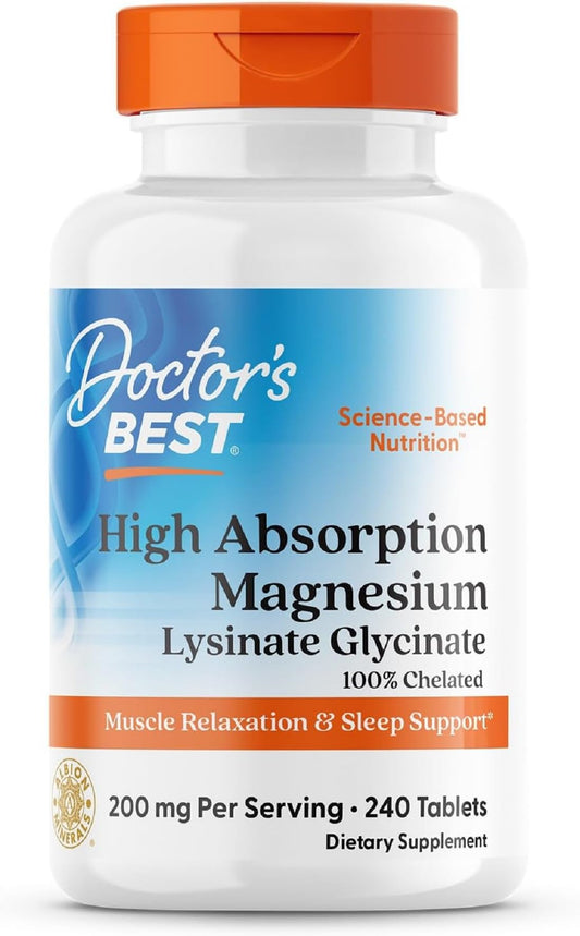 Doctor's Best high absorption magnesium glycinate lysinate supplement bottle with tablets