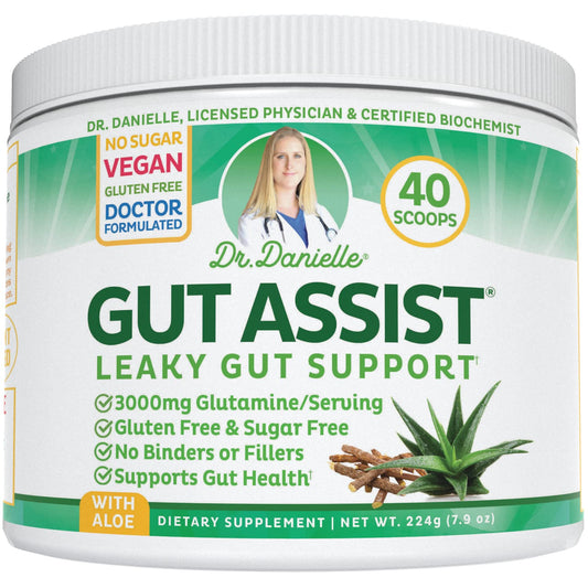 Doctor Danielle Gut Assist powder container showing Leaky Gut Repair formula