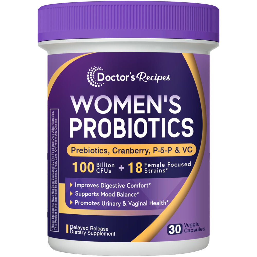 Doctor's Recipes Women's Probiotics bottle showing 100 Billion CFU and 18 strains