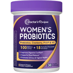 Doctor's Recipes Women's Probiotics bottle showing 100 Billion CFU and 18 strains