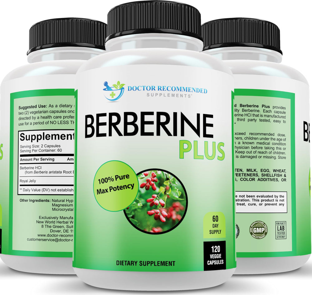 Front view of Doctor Recommended Berberine Plus bottle with 1200 mg per serving