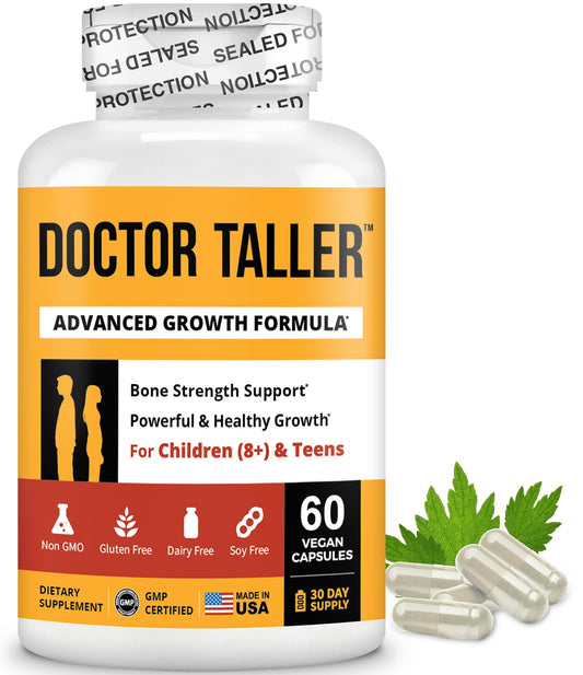 NuBest Doctor Taller bottle for kids 8+ showing vegan capsules
