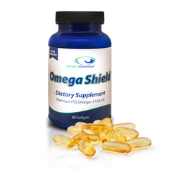 Doctor's Advantage Omega Shield bottle shows daily omega-3 softgels for support