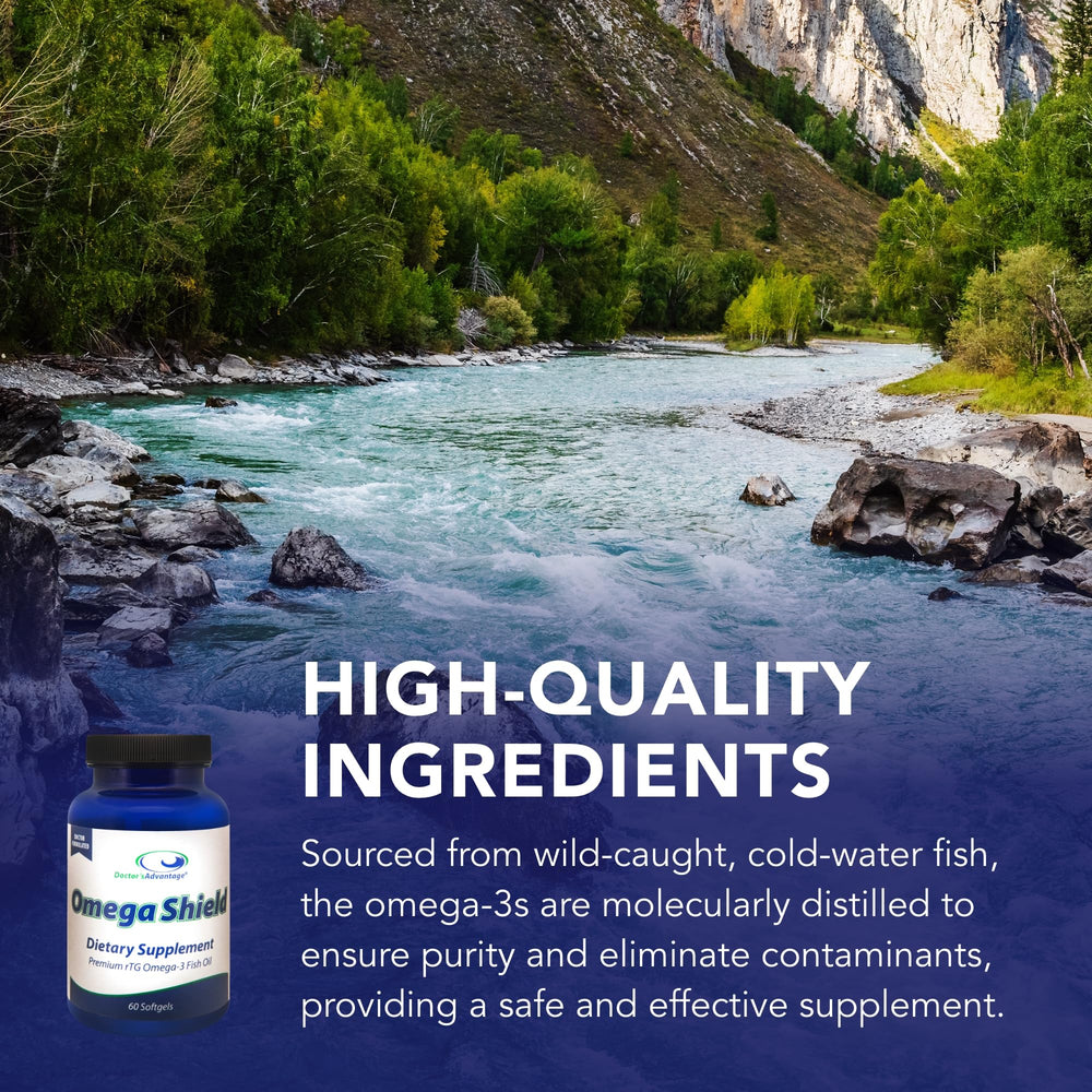 Close-up of Omega Shield softgels highlighting triglyceride omega-3 for absorption