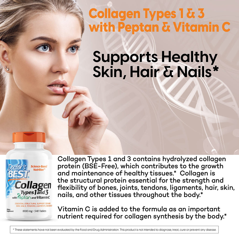 Dosage guidance for Doctor's Best collagen types 1 & 3 with three tablets per serving