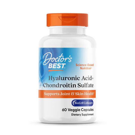 Doctor's Best Hyaluronic Acid with Chondroitin Sulfate bottle label, 60 veggie capsules