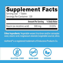 Label highlighting Non-GMO, Gluten Free, Vegan on Niacin bottle