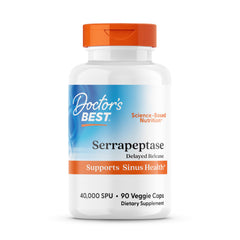 Doctor's BEST Serrapeptase bottle-front view, highlighting vegan, non-GMO formula supporting sinus comfort.