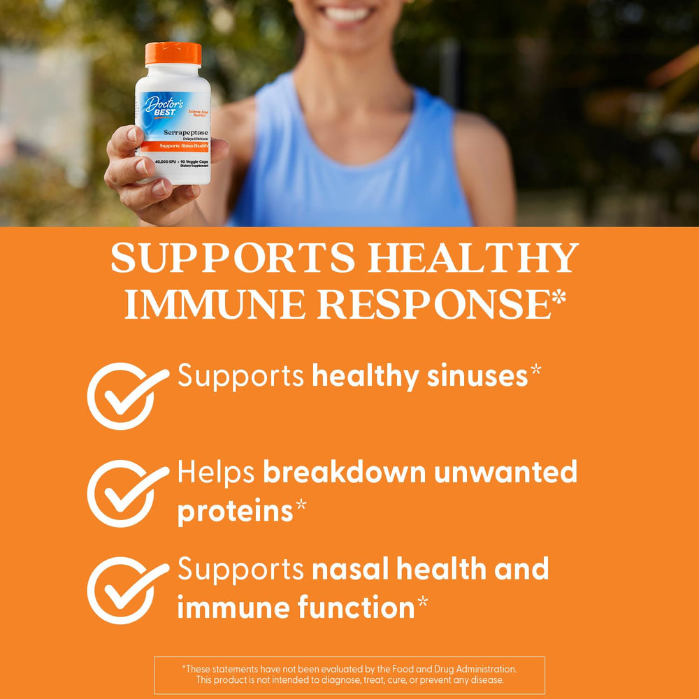 Doctor's BEST Serrapeptase label detail, listing 40,000 SPU per capsule and usage guidance.