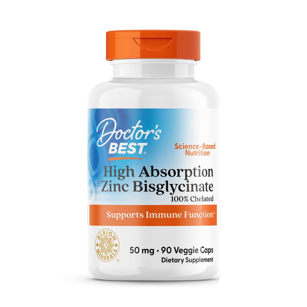 Doctor's Best Zinc Bisglycinate 50mg bottle and capsules for immune support