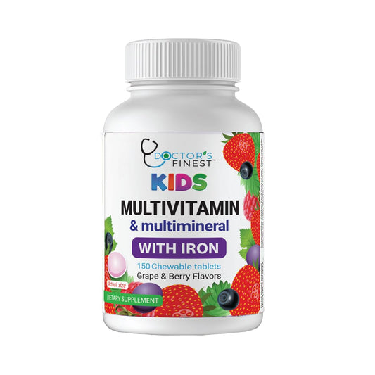 Front view of Doctor's Finest Kids Multivitamin & Mineral bottle with grape and berry chewables