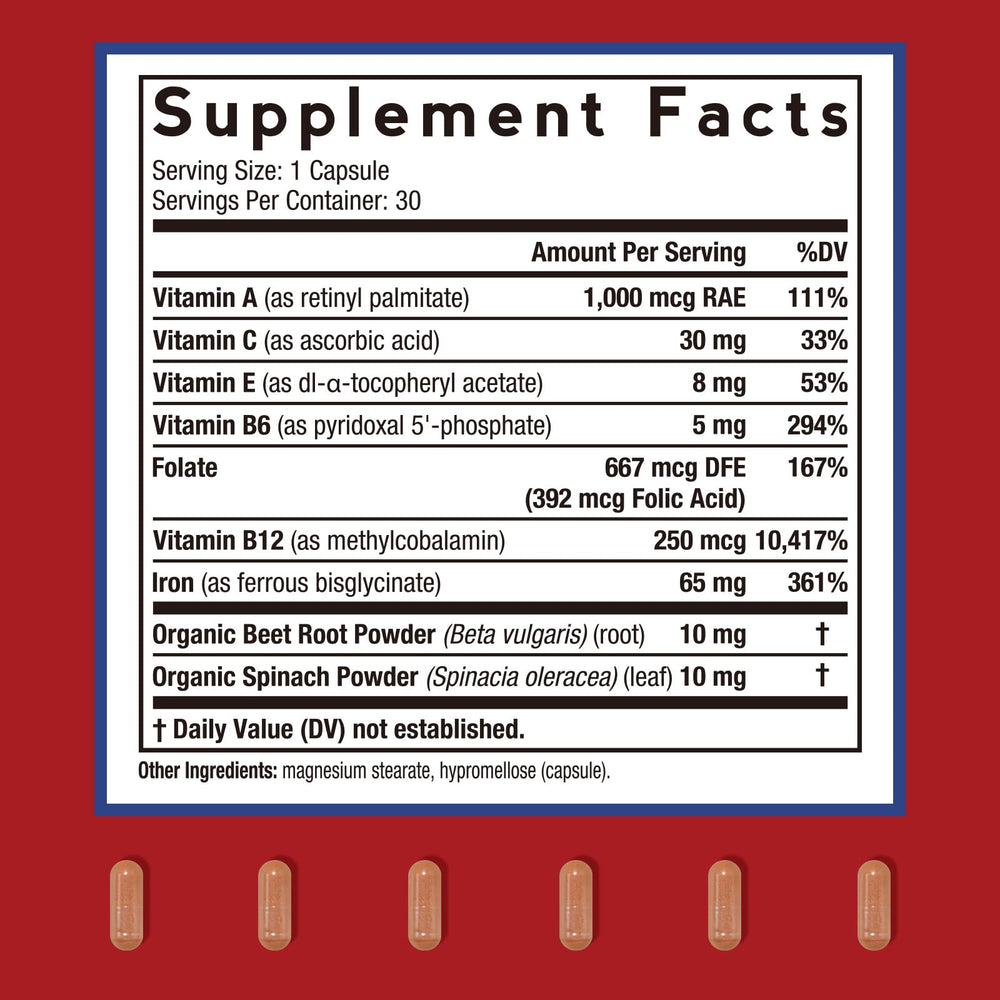 Label shows 65 mg iron per capsule