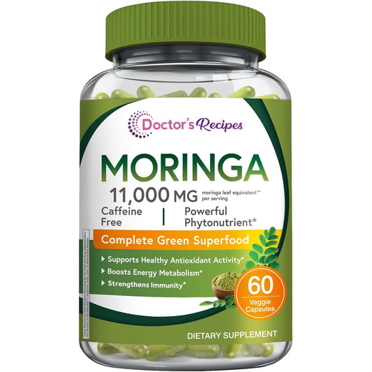 Bottle and label of Doctor's Recipes Moringa 11,000 mg
