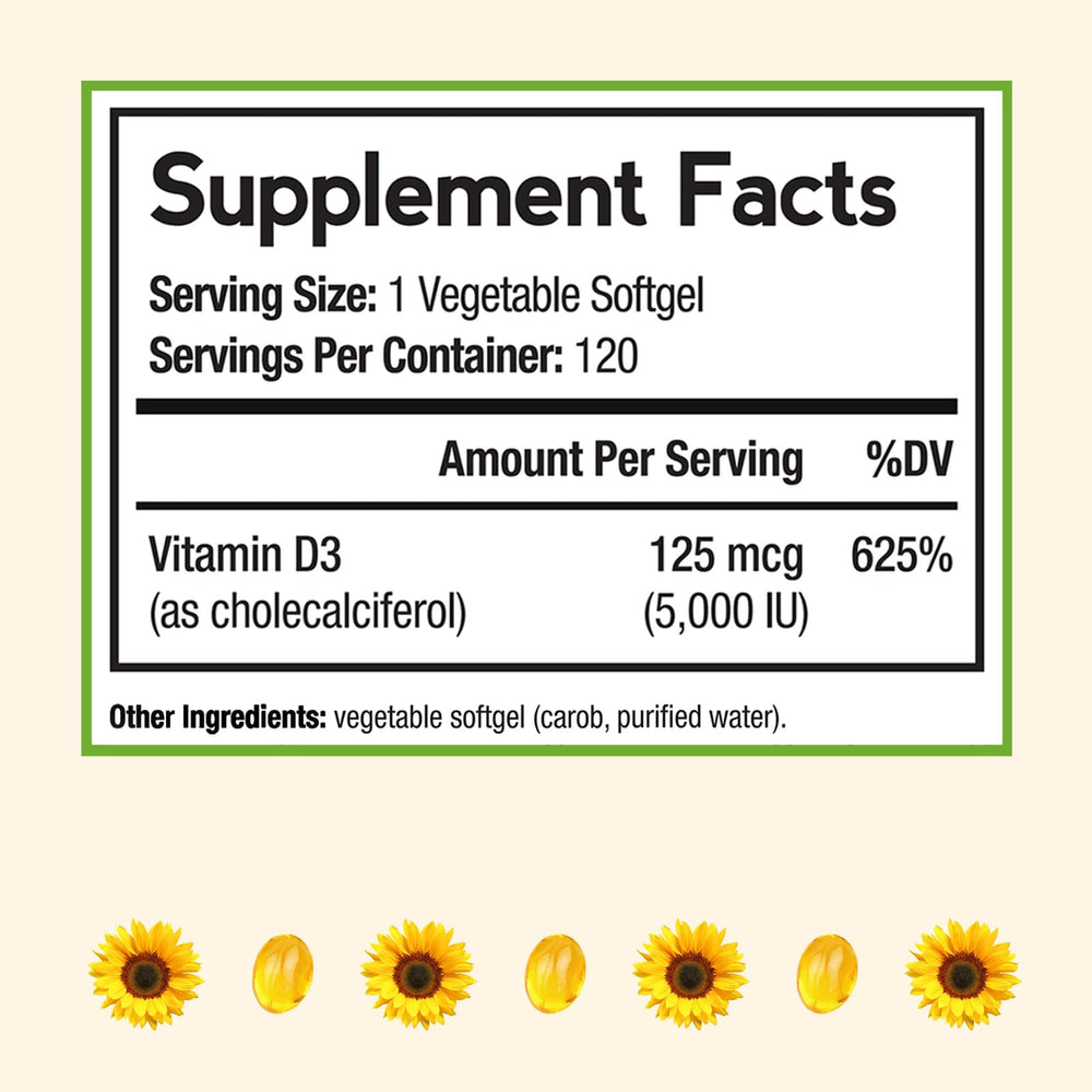 Close-up of Vitamin D3 5000IU vegetarian softgels