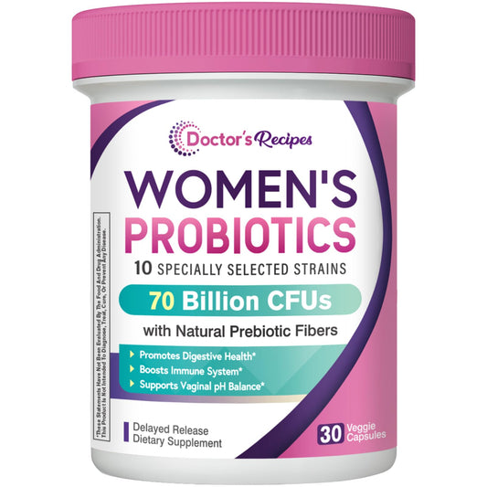 Doctor's Recipes Women's Probiotics bottle showing 70B CFU and 10 strains