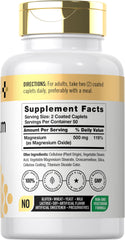Supplement facts panel showing 500 mg per serving