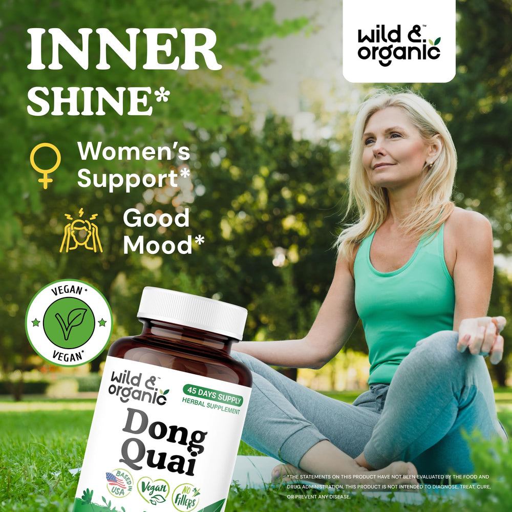 Close-up of Dong Quai root capsules and 1000 mg per serving concept