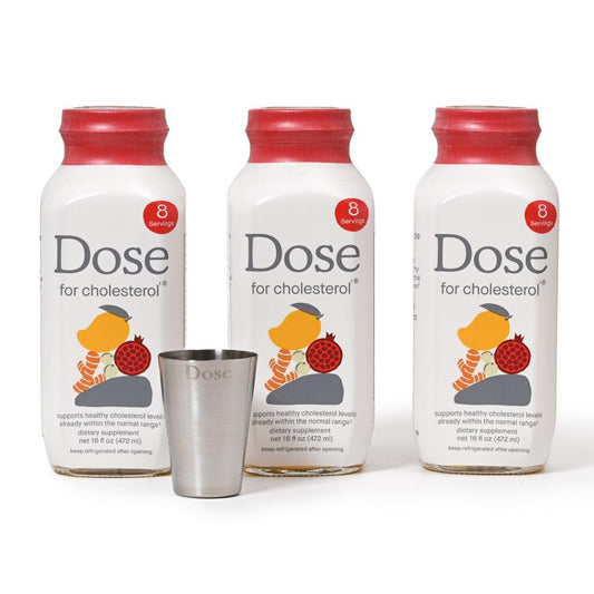 Front view of DOSE cholesterol supplements 16oz bottle