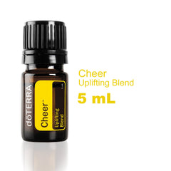Close-up of doTERRA Cheer Uplifting Blend 5 mL bottle label