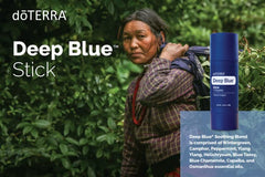 Two-pack DoTERRA Deep Blue Stick on a neutral background