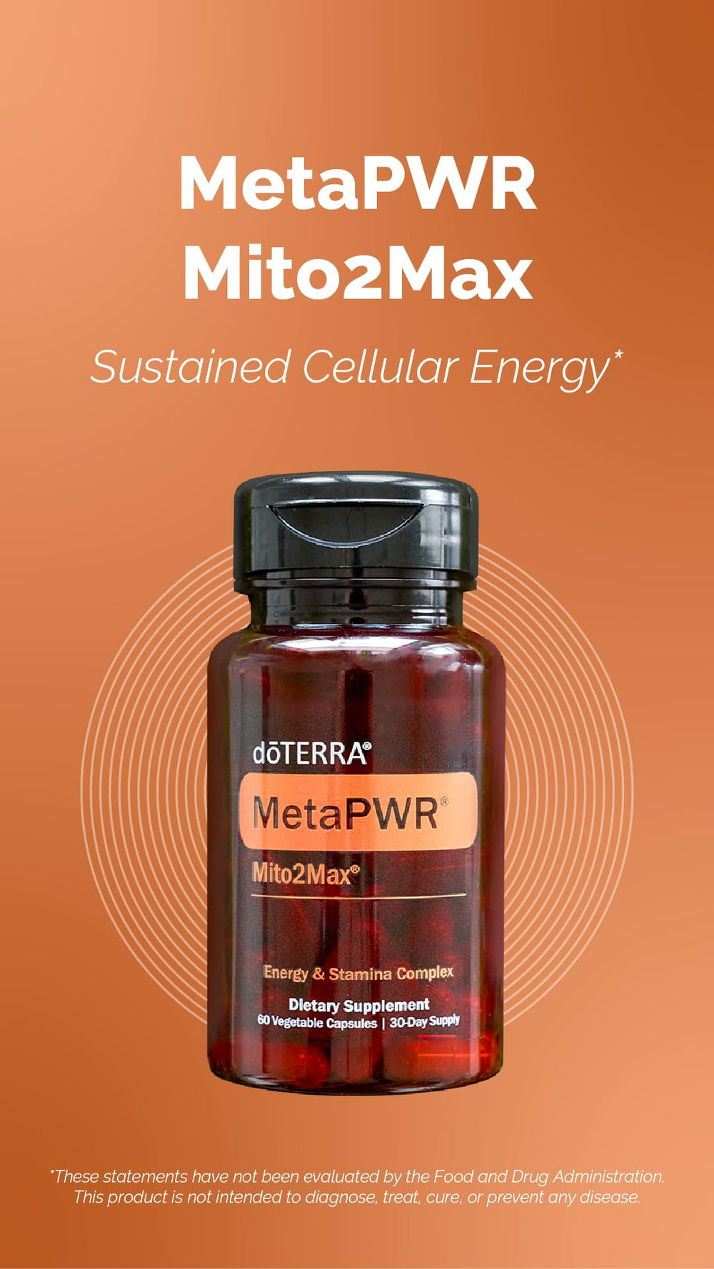 Graphic showing MetaPWR ingredients: PQQ, ALC, CoQ10 and metabolic blend