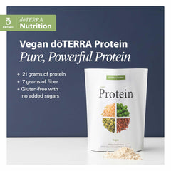 doTERRA Vegan Protein powder ingredients featuring pea, brown rice, pumpkin seed, sacha inchi, and flax seed