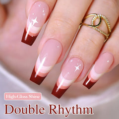 Double Rhythm milky pink gel polish for soft, neutral finish at home.