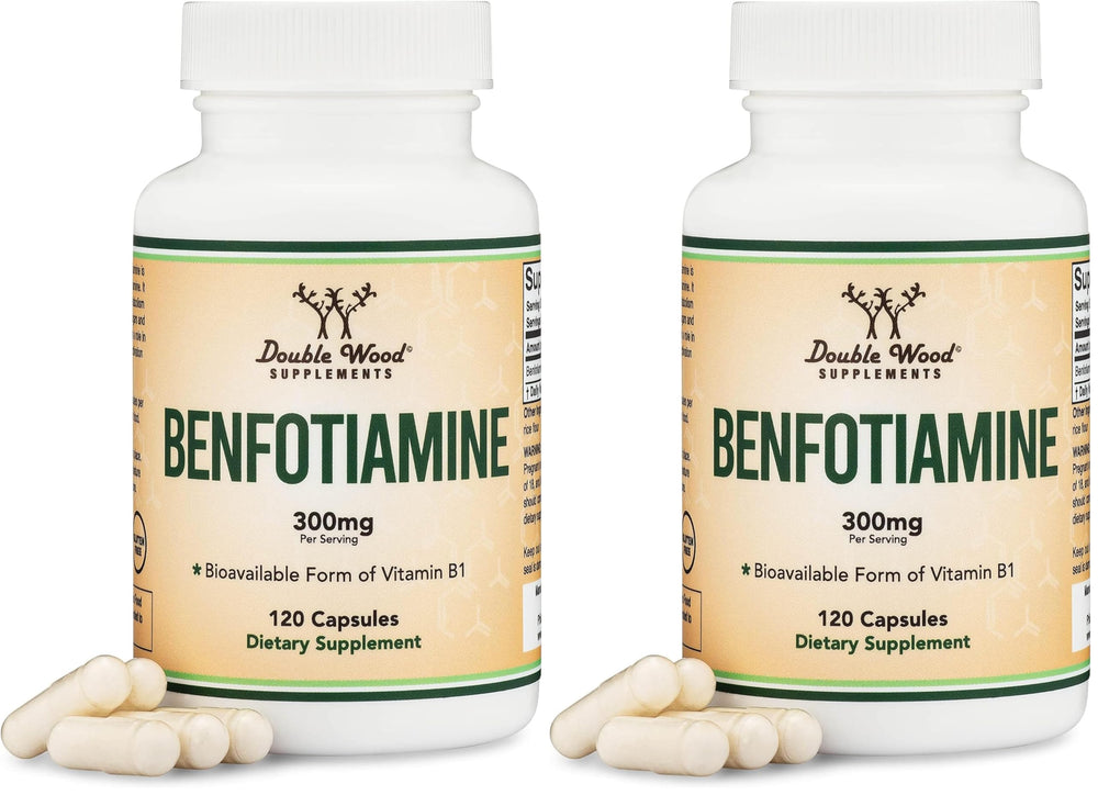Double Wood Benfotiamine bottle front, showcasing 120 capsules for daily thiamine support.