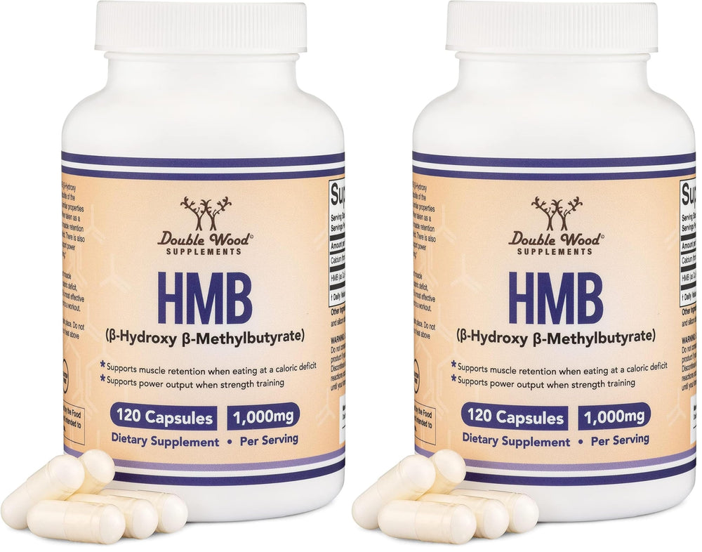 Front view of Double Wood HMB supplement pack with 120 capsules