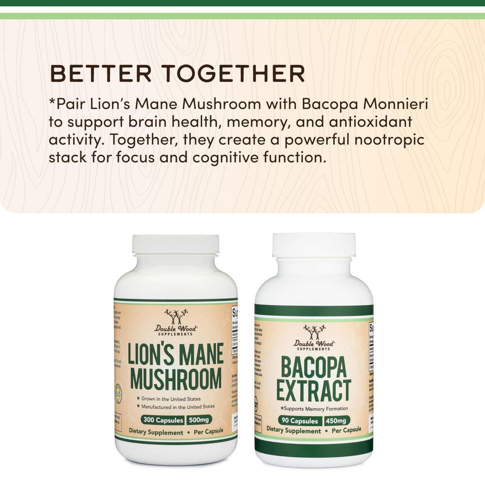 Double Wood Lions Mane capsules being poured for easy daily intake