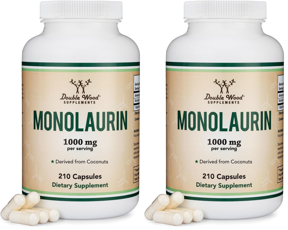 Double Wood Monolaurin bottle with 1,000 mg capsules for daily immune support.