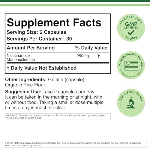 Product label showing NMN 250mg and gluten-free claim