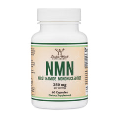 Double Wood NMN 250mg bottle with dosage label for daily energy support.