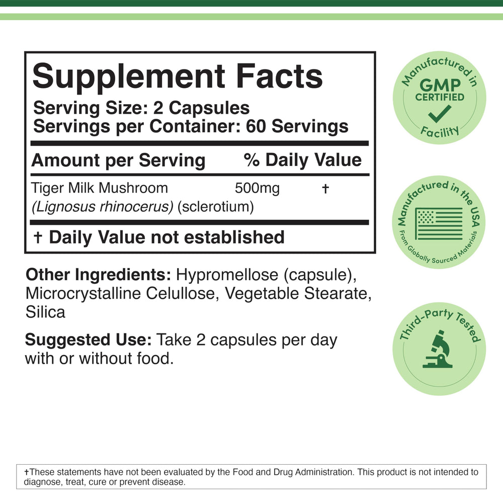 Back label of Double Wood Tigers Milk Mushroom bottle with supplement facts