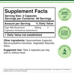 Back label of Double Wood Tigers Milk Mushroom bottle with supplement facts