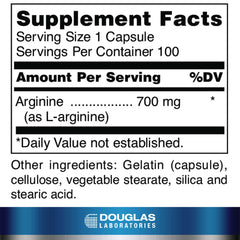 Nutrition facts and ingredients label for L-Arginine