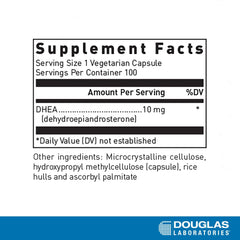 Front view of DHEA product packaging highlighting Non-GMO and vegan capsules