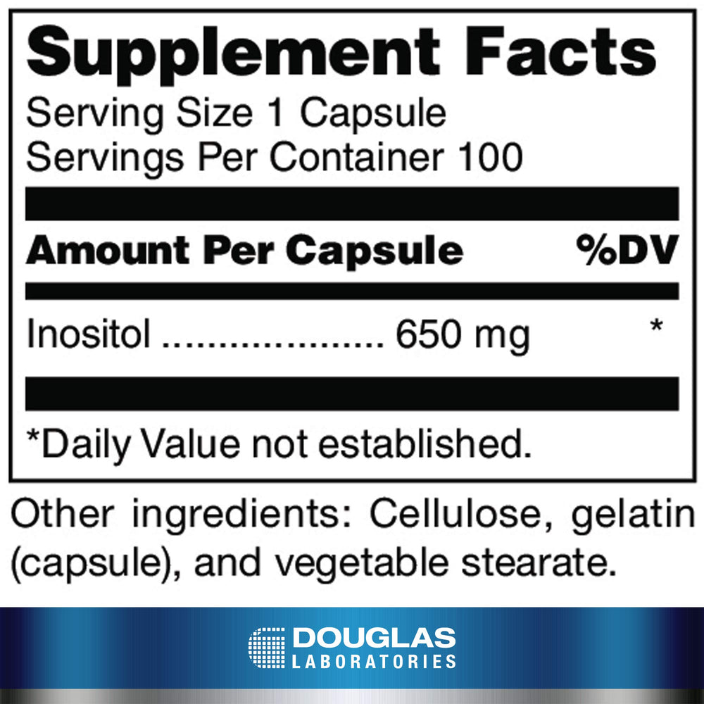 Close-up of Inositol 650 mg supplement bottle label - Douglas Laboratories
